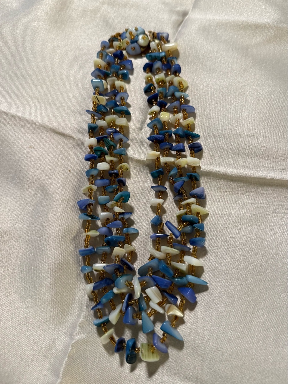 Vintage Costume Jewelry: Gold-Accented Multi-Strand Blue & White Beaded Necklace